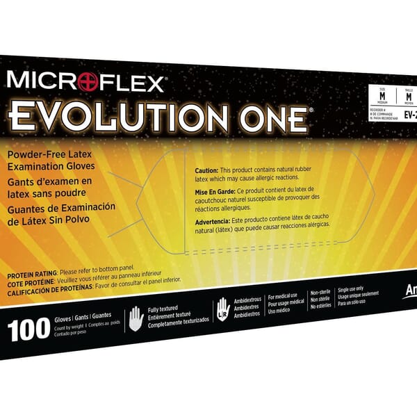 Microflex EV-2050-M Evolution One EV-2050 Non-Sterile Single Use Disposable Gloves, M, Natural Rubber Latex, Natural, 9.6 in L, Non-Powdered, Fully Textured, 6.5 mil THK, Application Type: Exam/Medical Grade, Ambidextrous Hand