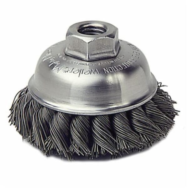 Weiler 13159 Single Row Cup Brush, 3-1/2 in Dia Brush, M14x2 Arbor Hole, 0.023 in Dia Filament/Wire, Standard/Twist Knot, Stainless Steel Fill