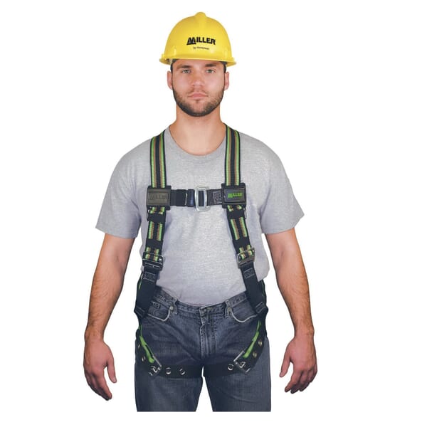 Miller by Honeywell DuraFlex E650-4/UGN Stretchable Harness, Universal, 400 lb Load, Polyester/Urethane Elastomer Strap, Tongue Leg Strap Buckle, Mating Chest Strap Buckle, Friction Shoulder Strap Buckle, Steel Hardware, Green