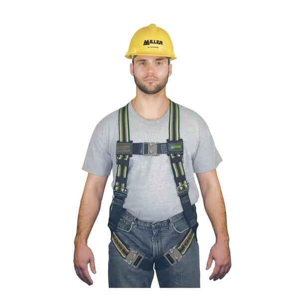 Miller by Honeywell DuraFlex E650QC/UGN E650-QC Stretchable Harness, Universal, 400 lb Load, Polyester/Urethane Elastomer Strap, Quick-Connect Leg Strap Buckle, Quick-Connect Chest Strap Buckle, Friction Shoulder Strap Buckle, Steel Hardware, Green