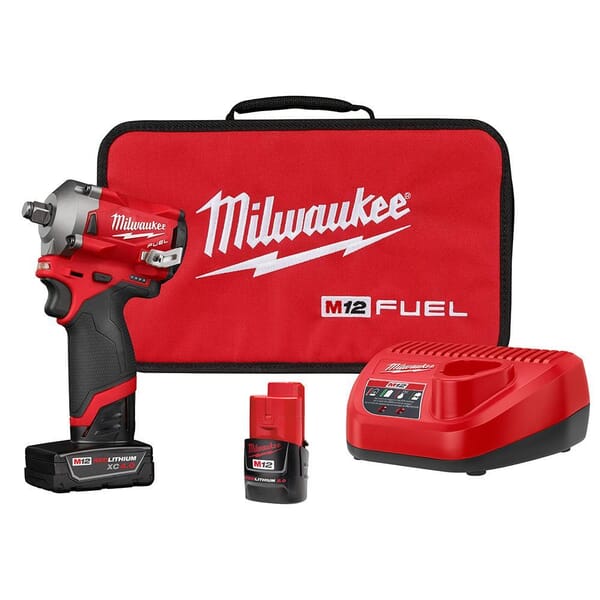 Milwaukee M12 2555-22 Stubby Cordless Impact Wrench Kit, 1/2 in Straight Drive, 3200 bpm, 250 ft-lb Torque, 12 VDC, 4.9 in OAL