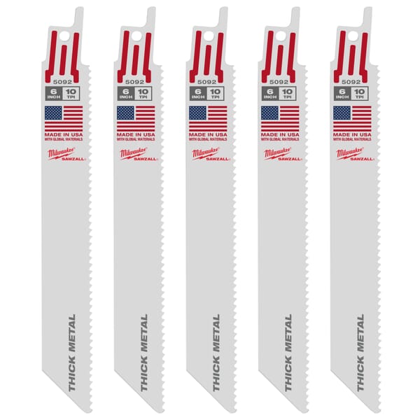 Milwaukee SAWZALL 48-00-5092 Straight Back Thin Kerf Reciprocating Saw Blade, 6 in L x 3/4 in W, 10 TPI, Bi-Metal Body, Universal/Toothed Edge Tang