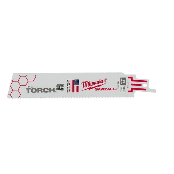 Milwaukee SAWZALL The Torch 48-00-5784 Demolition Straight Back Reciprocating Saw Blade, 6 in L x 1 in W, 18 TPI, Bi-Metal Body, Universal/Toothed Edge Tang