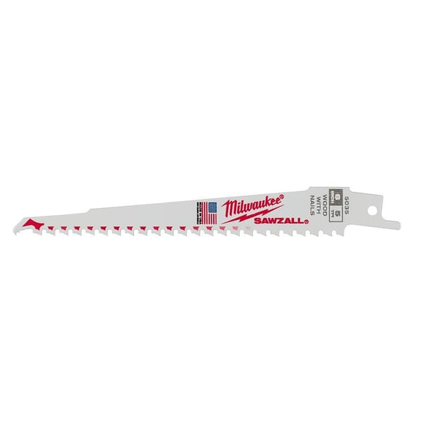 Milwaukee SAWZALL 48-00-5035 Heavy Duty High Performance Tapered Back Reciprocating Saw Blade, 6 in L x 3/4 in W, 5 TPI, Bi-Metal Body, Universal/Toothed Edge Tang