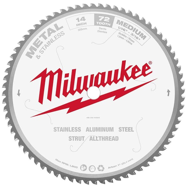 Milwaukee 48-40-4505 Circular Saw Blade, 14 in Dia x 0.045 in THK, 1 in Arbor, Hardened Steel Blade, 72 Teeth