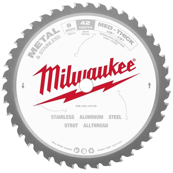 Milwaukee 48-40-4515 Circular Saw Blade, 8 in Dia x 0.073 in THK, 5/8 in Arbor, Hardened Steel Blade, 42 Teeth