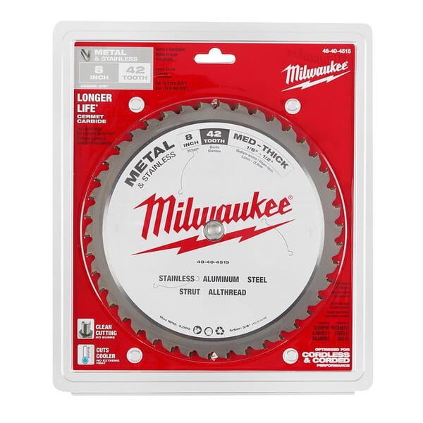 Milwaukee 48-40-4515 Circular Saw Blade, 8 in Dia x 0.073 in THK, 5/8 in Arbor, Hardened Steel Blade, 42 Teeth