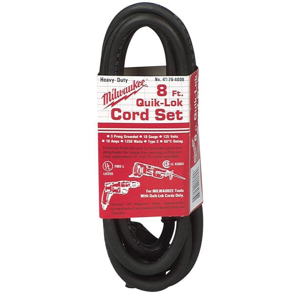 Milwaukee QUIK-LOK 48-76-4008 Extension Cord, 120 VAC, 10 A, 18 AWG, NEMA 1-15P