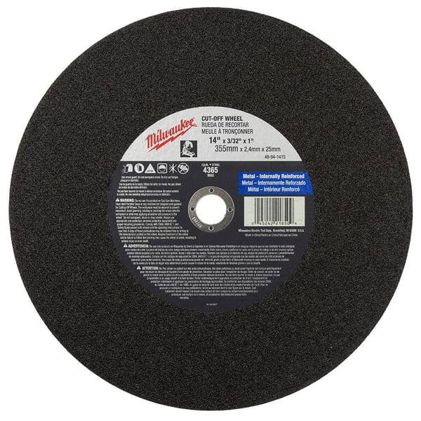Milwaukee 49-94-1415 Type 1 General Purpose Cutting Wheel, 14 in Dia x 3/32 in THK, 1 in Center Hole, A36P Grit, Aluminum Oxide Abrasive