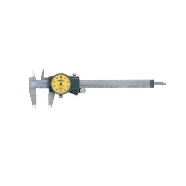 Mitutoyo 505-732 Dial Caliper, 0 to 150 mm, Graduation 0.01 mm, 1 mm/rev, 21 x 40 mm D Jaw, Stainless Steel, TiN Coated