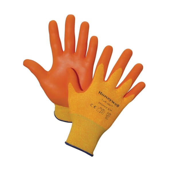 North by Honeywell Tuff-Glo 395HVZ Lightweight General Purpose Gloves, Coated, L, Foam Nitrile Palm, 13 ga Nylon, Bright Orange/Yellow, Knit Wrist Cuff, Foam Nitrile Coating, Resists: Abrasion, Cut and Puncture, Nylonining