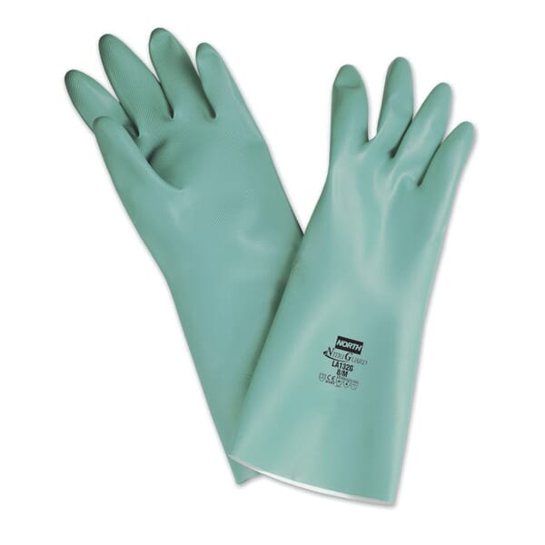 North by Honeywell LA132G-11 NitriGuard Plus LA132G Dipped Chemical-Resistant Gloves, SZ 11, Nitrile, Green, Flock Lining, 13 in L, Resists: Abrasion, Cut, Caustics, Puncture, Solvent and Snag, Unsupported Support, Straight Cuff, 0.38 mm THK