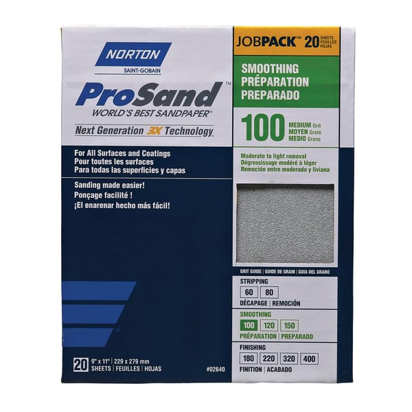 Norton ProSand 07660768173 A259PS Coated Sandpaper Sheet, 11 in L x 9 in W, P100 Grit, Medium Grade, Aluminum Oxide Abrasive, Anti-Loading Paper Backing