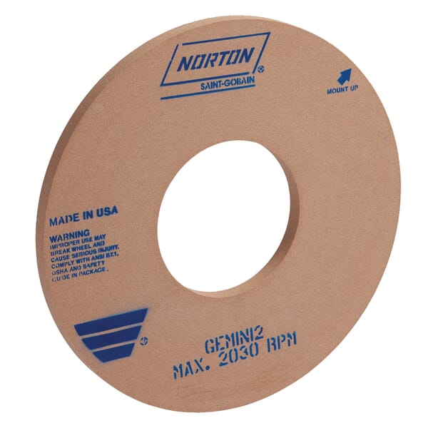 Norton Gemini 66243497866 55A Straight Surface and Cylindrical Grinding Wheel, 24 in Dia x 1 in THK, 12 in Center Hole, 100 Grit, Aluminum Oxide Abrasive