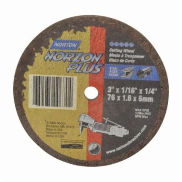 NortonNorZon Plus 66243510670 5SGZ Small Diameter Cut-Off Wheel, 3 in Dia x 1/16 in THK, 1/4 in Center Hole, 36 Grit, Ceramic/Zirconia Alumina Abrasive