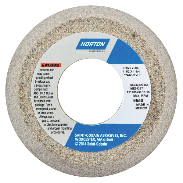 Norton 66243529358 32A Toolroom Wheel, 3-1/2 in Dia x 1-1/2 in THK, 1-1/4 in Center Hole, 60 Grit, Aluminum Oxide Abrasive