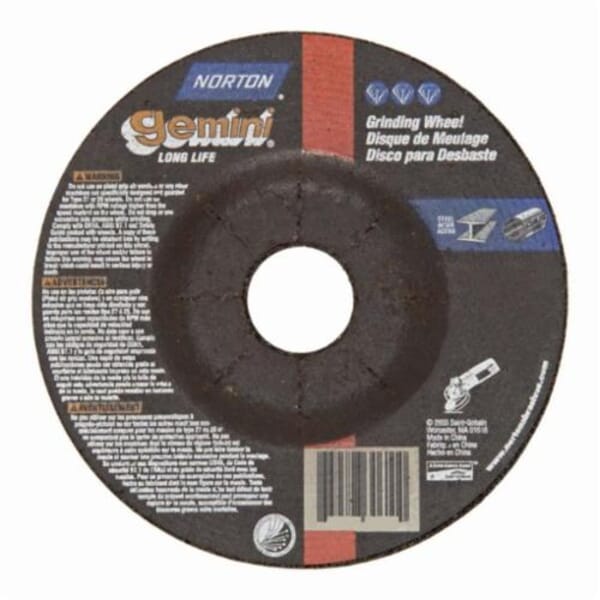 Norton Gemini 66253049106 Saucer Shape Depressed Center Wheel, 9 in Dia x 1/4 in THK, 24 Grit, Aluminum Oxide Abrasive