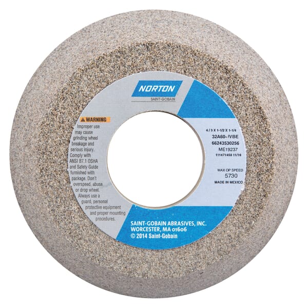 Norton 66243530256 32A Toolroom Wheel, 4 in Dia x 1-1/2 in THK, 1-1/4 in Center Hole, 60 Grit, Aluminum Oxide Abrasive