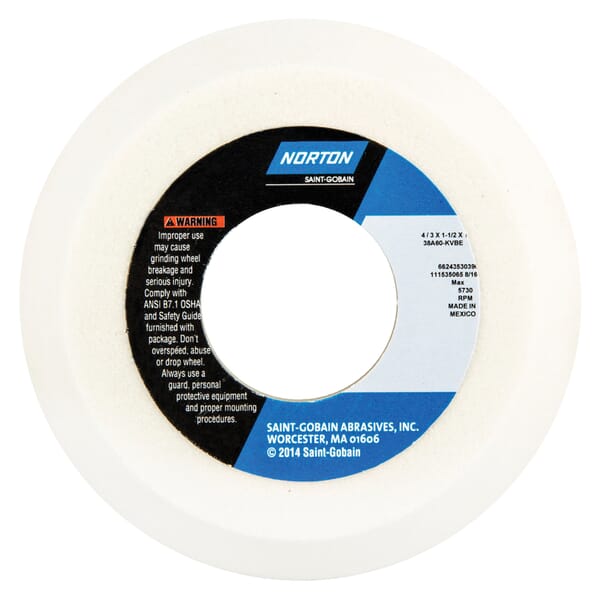 Norton 66243530387 38A Toolroom Wheel, 4 in Dia x 1-1/2 in THK, 1-1/4 in Center Hole, 60 Grit, Aluminum Oxide Abrasive