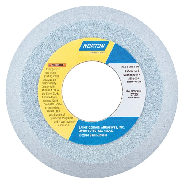 Norton 66243530417 5SG Flaring Cup Toolroom Wheel, 4 in Dia x 1-1/2 in THK, 1-1/4 in Center Hole, 60 Grit, Ceramic Alumina Abrasive