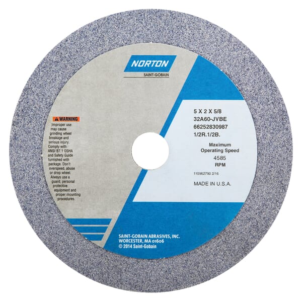 Norton 66252830987 32A Straight Toolroom Wheel, 5 in Dia x 2 in THK, 5/8 in Center Hole, 60 Grit, Aluminum Oxide Abrasive