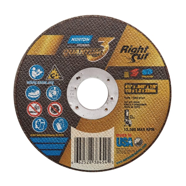 Norton Quantum3 RightCut 66252838454 Small Diameter Cut-Off Wheel, 4-1/2 in Dia x 0.045 in THK, 7/8 in Center Hole, 36 Grit, Ceramic Alumina Abrasive