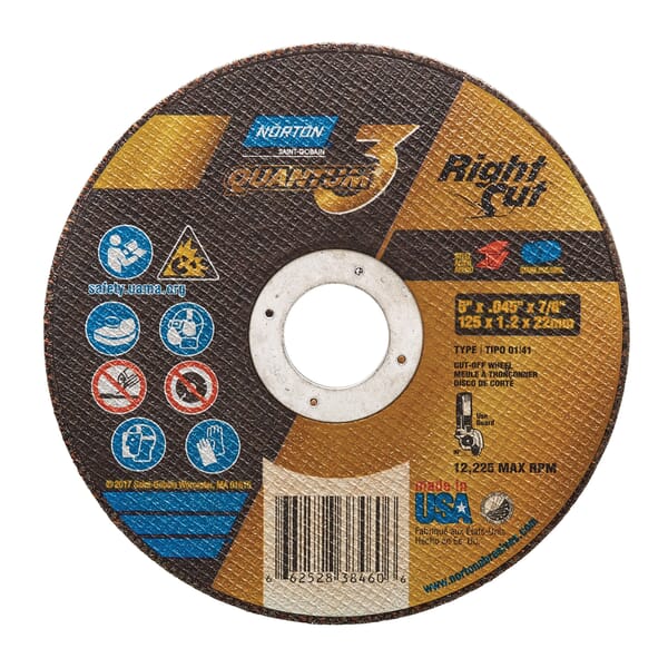 Norton Quantum3 RightCut 66252838460 Small Diameter Cut-Off Wheel, 5 in Dia x 0.045 in THK, 7/8 in Center Hole, 46 Grit, Ceramic Alumina Abrasive