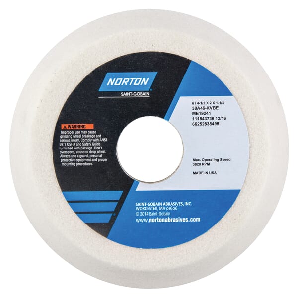 Norton 66252838495 38A Flaring Cup Toolroom Wheel, 6 in Dia x 2 in THK, 1-1/4 in Center Hole, 46 Grit, Aluminum Oxide Abrasive