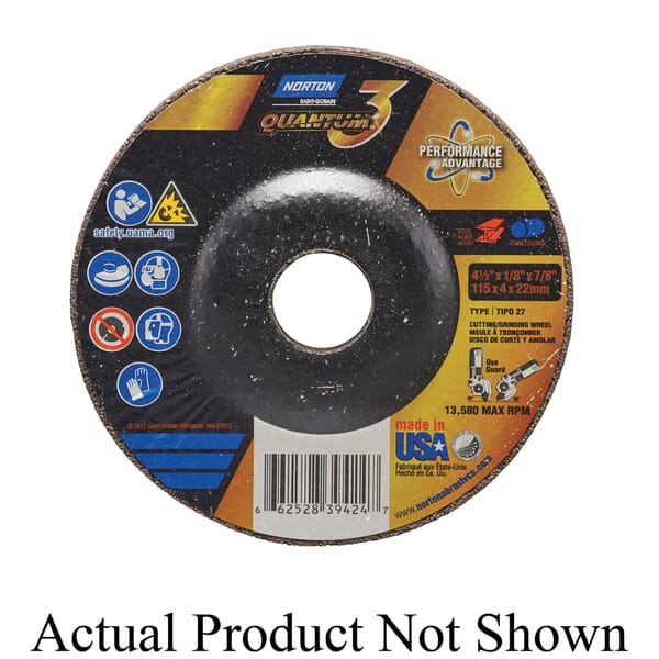 Norton 66252839424 Depressed Center Wheel, 4-1/2 in Dia x 1/8 in THK, 7/8 in Center Hole, 24 Grit, Ceramic Abrasive