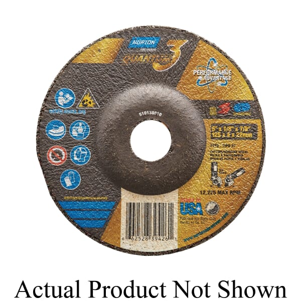 Norton 66252839426 Depressed Center Wheel, 5 in Dia x 1/8 in THK, 7/8 in Center Hole, 24 Grit, Ceramic Abrasive