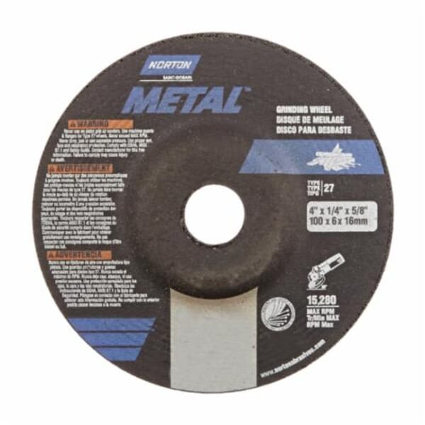 Norton 66252842011 Depressed Center Wheel, 4 in Dia x 1/4 in THK, 3/8 in Center Hole, 24 Grit, Aluminum Oxide Abrasive