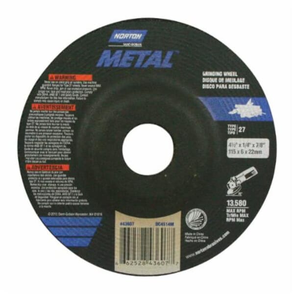 Norton 66252843607 Depressed Center Wheel, 4-1/2 in Dia x 1/4 in THK, 7/8 in Center Hole, 24 Grit, Aluminum Oxide Abrasive