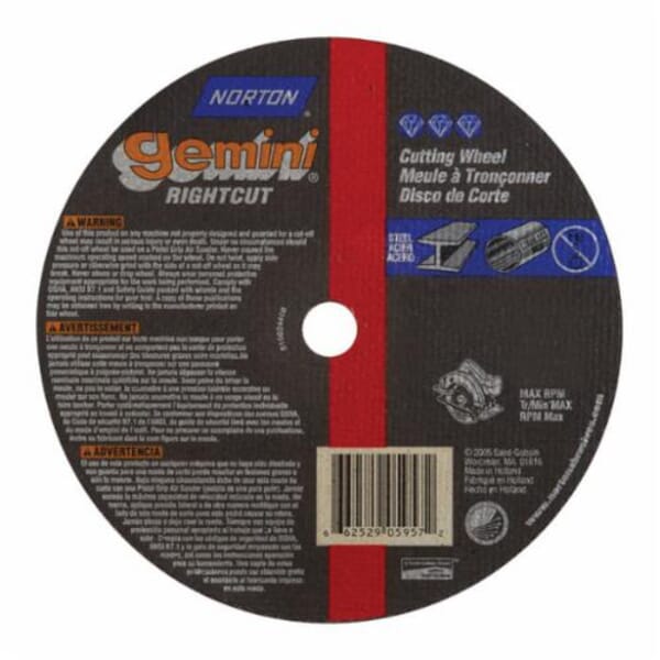 Norton Gemini 66252905957 U57A All Purpose Small Diameter Cut-Off Wheel, 7 in Dia x 0.06 in THK, 5/8 in Center Hole, 36 Grit, Aluminum Oxide Abrasive