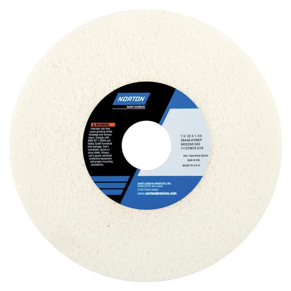 Norton 66252941323 38A Straight Toolroom Wheel, 7 in Dia x 1/2 in THK, 1-1/4 in Center Hole, 46 Grit, Aluminum Oxide Abrasive