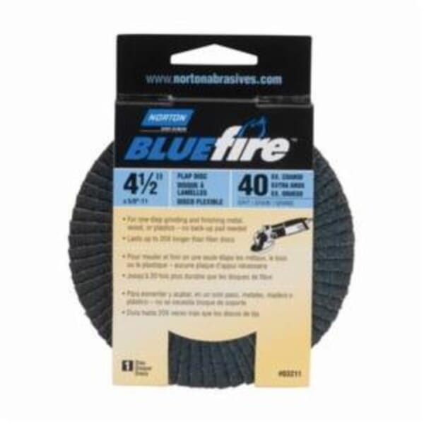 Norton BlueFire 66254461167 R884P Arbor Thread Standard Density Coated Abrasive Flap Disc, 4-1/2 in Dia, P40 Grit, Extra Coarse Grade, Zirconia Alumina Plus Abrasive, Type 29 Conical Disc