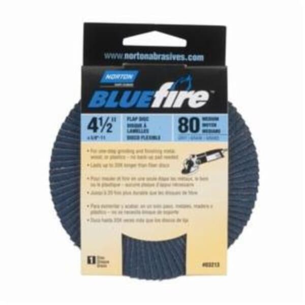 Norton BlueFire 66254461173 R884P Arbor Thread Standard Density Coated Abrasive Flap Disc, 4-1/2 in Dia, P80 Grit, Coarse Grade, Zirconia Alumina Plus Abrasive, Type 29 Conical Disc