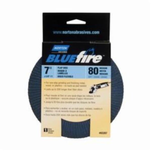 Norton BlueFire 66254461193 R884P Arbor Thread Standard Density Coated Abrasive Flap Disc, 7 in Dia, P80 Grit, Coarse Grade, Zirconia Alumina Plus Abrasive, Type 29 Conical Disc