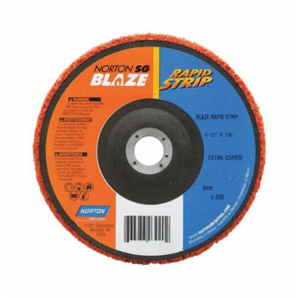 Norton Blaze Rapid Strip 66254498101 Non-Woven Depressed Center Disc, 4-1/2 in Dia, 36 to 50 Grit, Extra Coarse Grade, Ceramic Alumina Abrasive, Fiberglass Backing