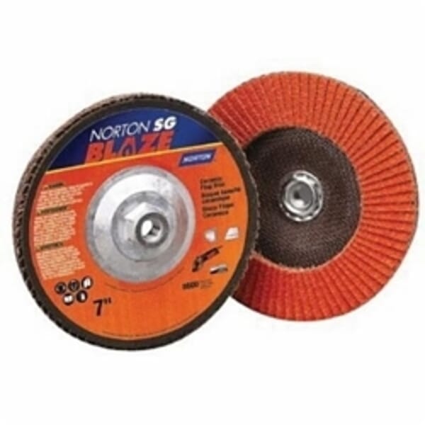 Norton Blaze 66261183499 R980P Arbor Thread Standard Density Coated Abrasive Flap Disc, 7 in Dia, 40 Grit, Extra Coarse Grade, Ceramic Alumina Abrasive, Type 29 Conical Disc