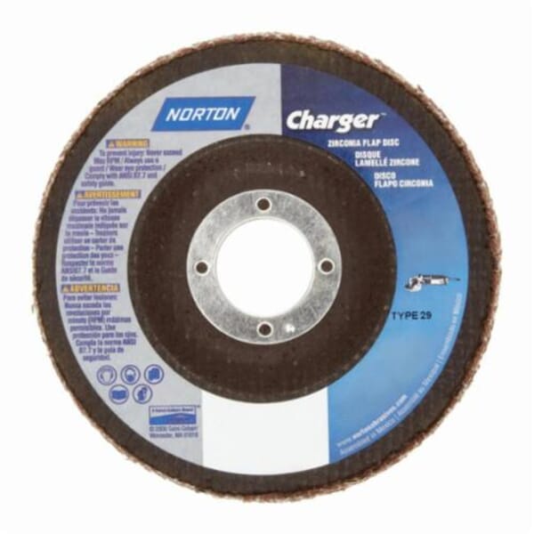 Norton Charger 66261119269 R822 Center Mount Standard Density Versatile Coated Abrasive Flap Disc, 4-1/2 in Dia, 7/8 in Center Hole, P40 Grit, Extra Coarse Grade, Zirconia Alumina Abrasive, Type 29 Conical Disc