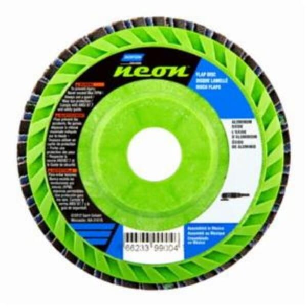 Norton Neon 66623399005 R766 Center Mount Quick-Trim Standard Density Coated Abrasive Flap Disc, 4-1/2 in Dia, 7/8 in Center Hole, P60 Grit, Coarse Grade, Aluminum Oxide/Zirconia Alumina Abrasive, Type 27 Flat Disc