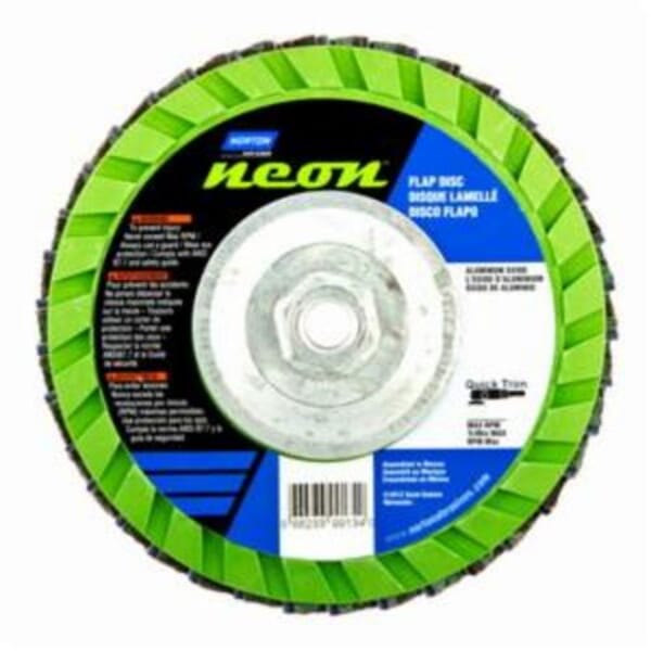 Norton Neon 66623399018 R766 Arbor Thread Quick-Trim Standard Density Coated Abrasive Flap Disc, 7 in Dia, P80 Grit, Coarse Grade, Aluminum Oxide/Zirconia Alumina Abrasive, Type 27 Flat Disc