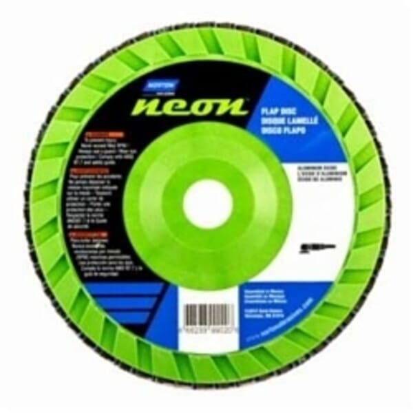 Norton Neon 66623399023 R766 Center Mount Quick-Trim Standard Density Coated Abrasive Flap Disc, 7 in Dia, 7/8 in Center Hole, P120 Grit, Medium Grade, Aluminum Oxide/Zirconia Alumina Abrasive, Type 27 Flat Disc