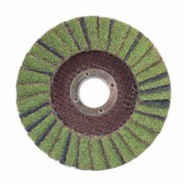 Norton Neon 66623399175 R766 Center Mount Standard Density Coated Abrasive Flap Disc, 4-1/2 in Dia, 7/8 in Center Hole, P120 Grit, Medium Grade, Aluminum Oxide/Zirconia Alumina Abrasive, Type 29 Conical Disc