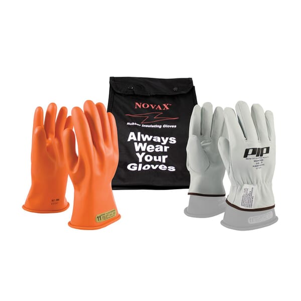 Novax 147-SK-00/10-KIT 147-SK-00 Insulating Unisex Electrical Safety Gloves Kit, SZ 10, Natural/Orange, 11 in L, ASTM Class: Class 00, 500 VAC, 750 VDC Max Use Voltage