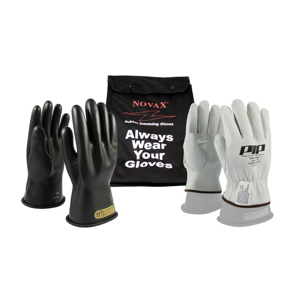 Novax 150-SK-00/8-KIT 150-SK-00 Insulating Unisex Electrical Safety Gloves Kit, SZ 8, Black/Natural, 11 in L, ASTM Class: Class 00, 500 VAC, 750 VDC Max Use Voltage