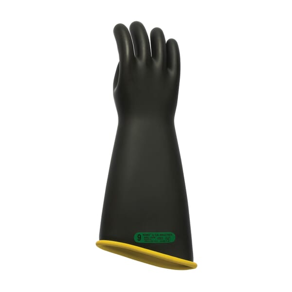 Novax 151-3-18/9 Insulating Electrical Safety Gloves, SZ 9, Natural Rubber, Black with Yellow Liner, 18 in L, ASTM Class: Class 3, 26500 VAC/39750 VDC Max Use Voltage