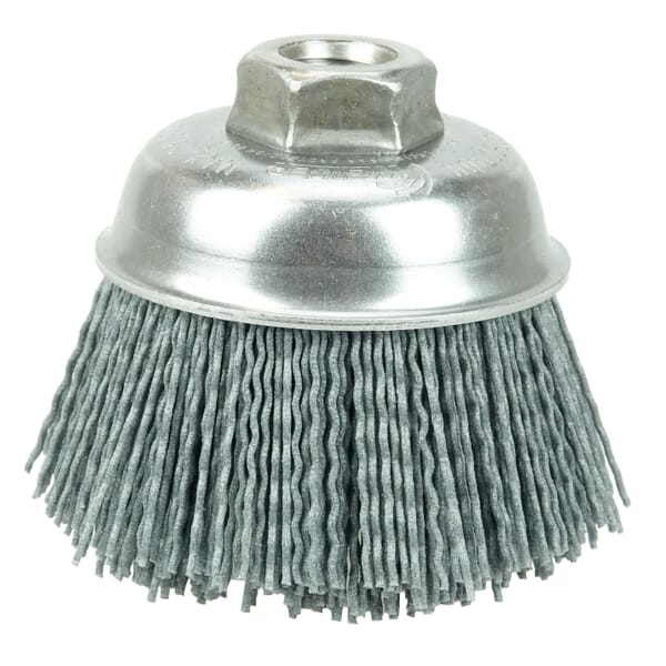 Nylox 14414 Cup Brush, 3-1/2 in Dia Brush, 5/8-11 UNC Arbor Hole, 0.04 in Dia Filament/Wire, Crimped, Silicon Carbide Fill