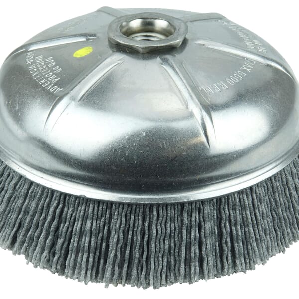 Nylox 14506 Internal Nut Cup Brush, 6 in Dia Brush, 5/8-11 UNC Arbor Hole, 0.04 in Dia Filament/Wire, Crimped, Silicon Carbide Fill
