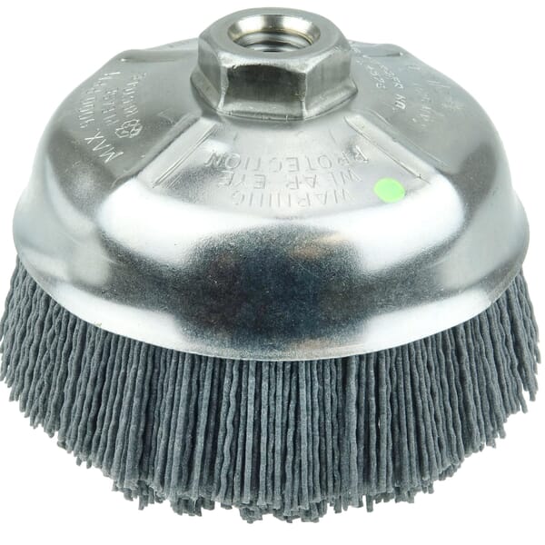 Nylox 14576 Cup Brush, 5 in Dia Brush, 5/8-11 UNC Arbor Hole, 0.04 in Dia Filament/Wire, Crimped, Silicon Carbide Fill
